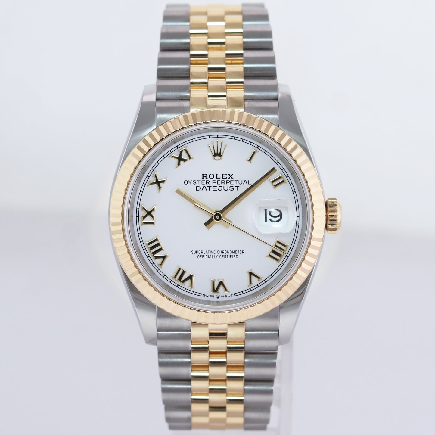2023 NEW PAPERS 126233 Rolex DateJust 36mm White Roman Two Tone Jubilee 18k Gold Watch