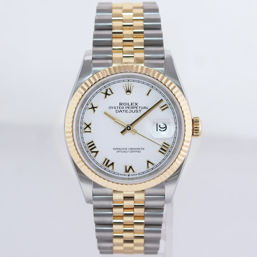 2023 NEW PAPERS 126233 Rolex DateJust 36mm White Roman Two Tone Jubilee 18k Gold Watch