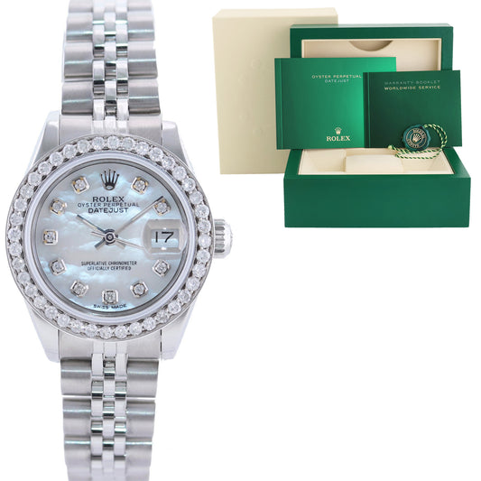 MINT Ladies Rolex DateJust 26mm Diamond Bezel Mother of Pearl 69240 Steel Jubilee Watch