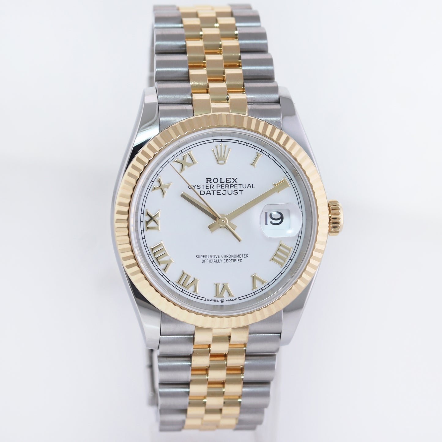 2023 NEW PAPERS 126233 Rolex DateJust 36mm White Roman Two Tone Jubilee 18k Gold Watch