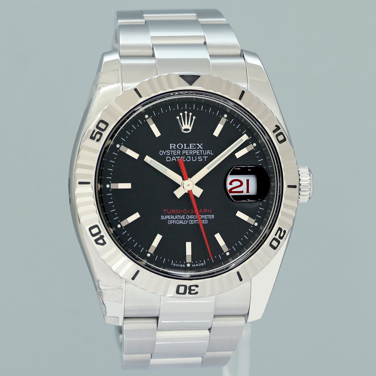 2013 MINT Rolex 116264 DateJust Turn-O-Graph Steel Black Stick White Gold Fluted Watch