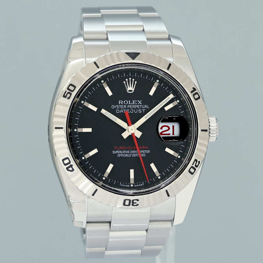 2013 MINT Rolex 116264 DateJust Turn-O-Graph Steel Black Stick White Gold Fluted Watch