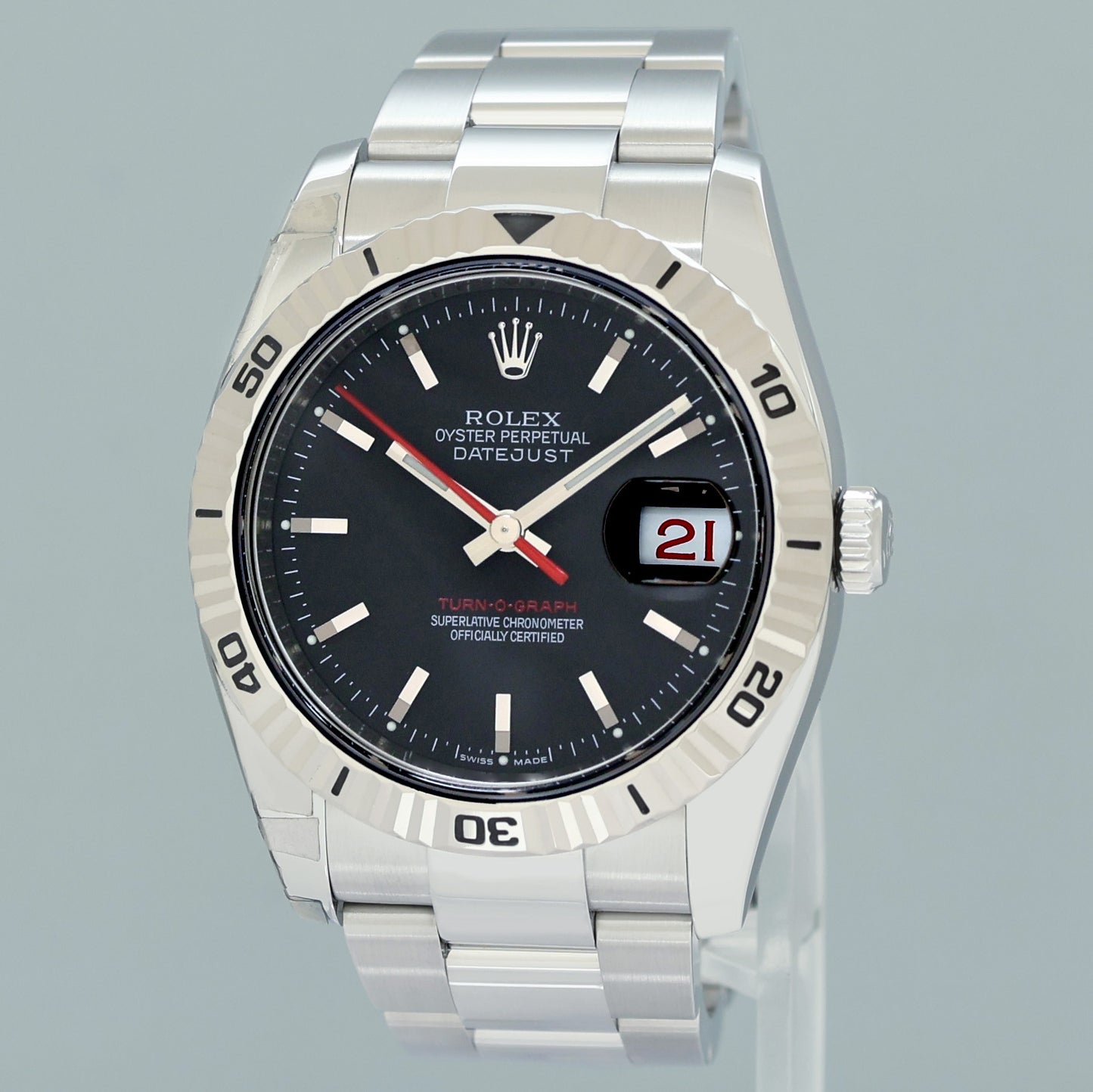 2013 MINT Rolex 116264 DateJust Turn-O-Graph Steel Black Stick White Gold Fluted Watch