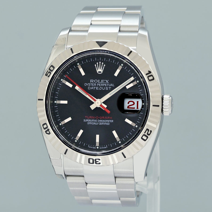 2013 MINT Rolex 116264 DateJust Turn-O-Graph Steel Black Stick White Gold Fluted Watch