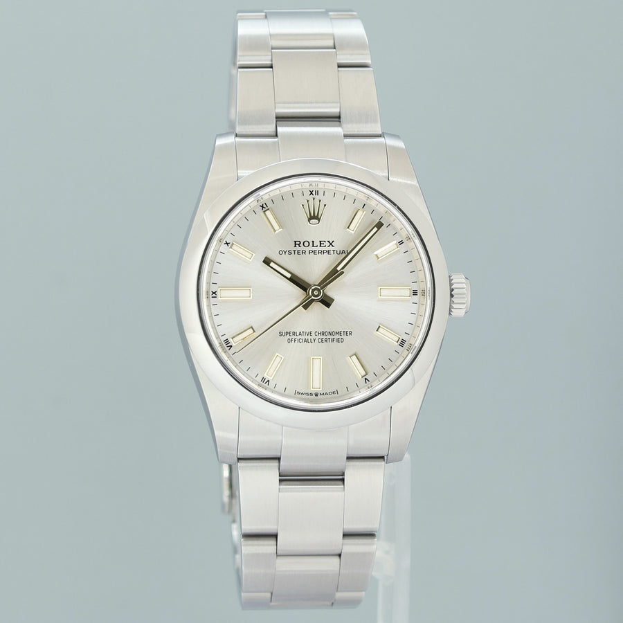 2021 MINT PAPERS Rolex Oyster Perpetual 34mm Silver Oyster Watch 124200 Watch Box