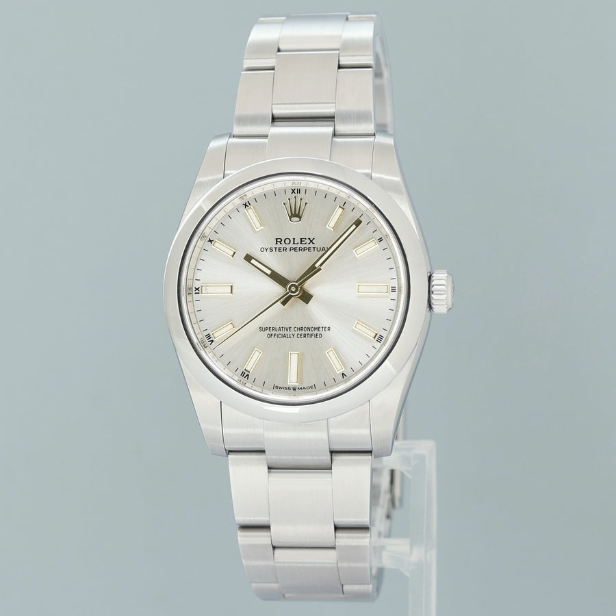 2021 MINT PAPERS Rolex Oyster Perpetual 34mm Silver Oyster Watch 124200 Watch Box