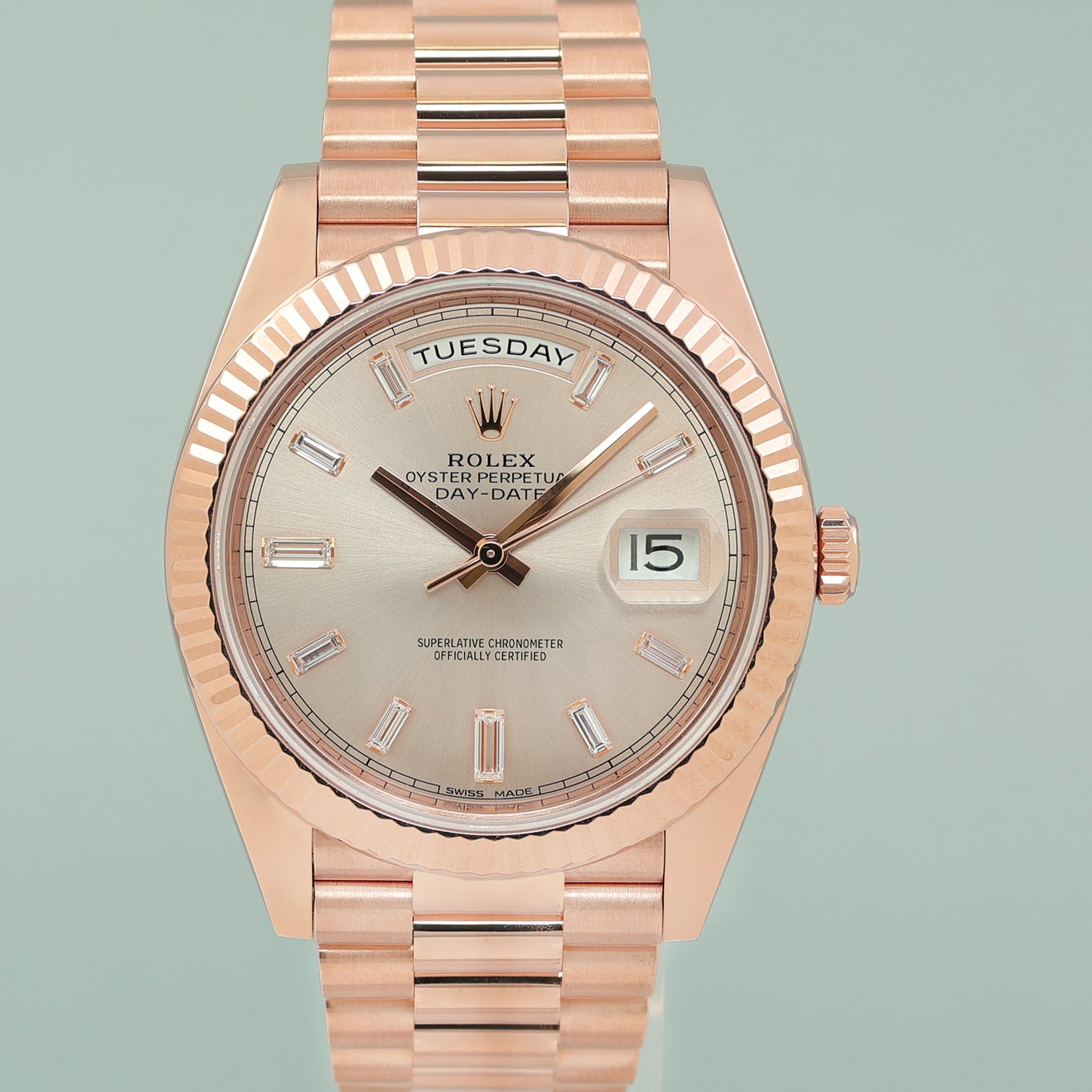 2020 MINT Rolex President Rose Gold Sundust Diamond Baguette
