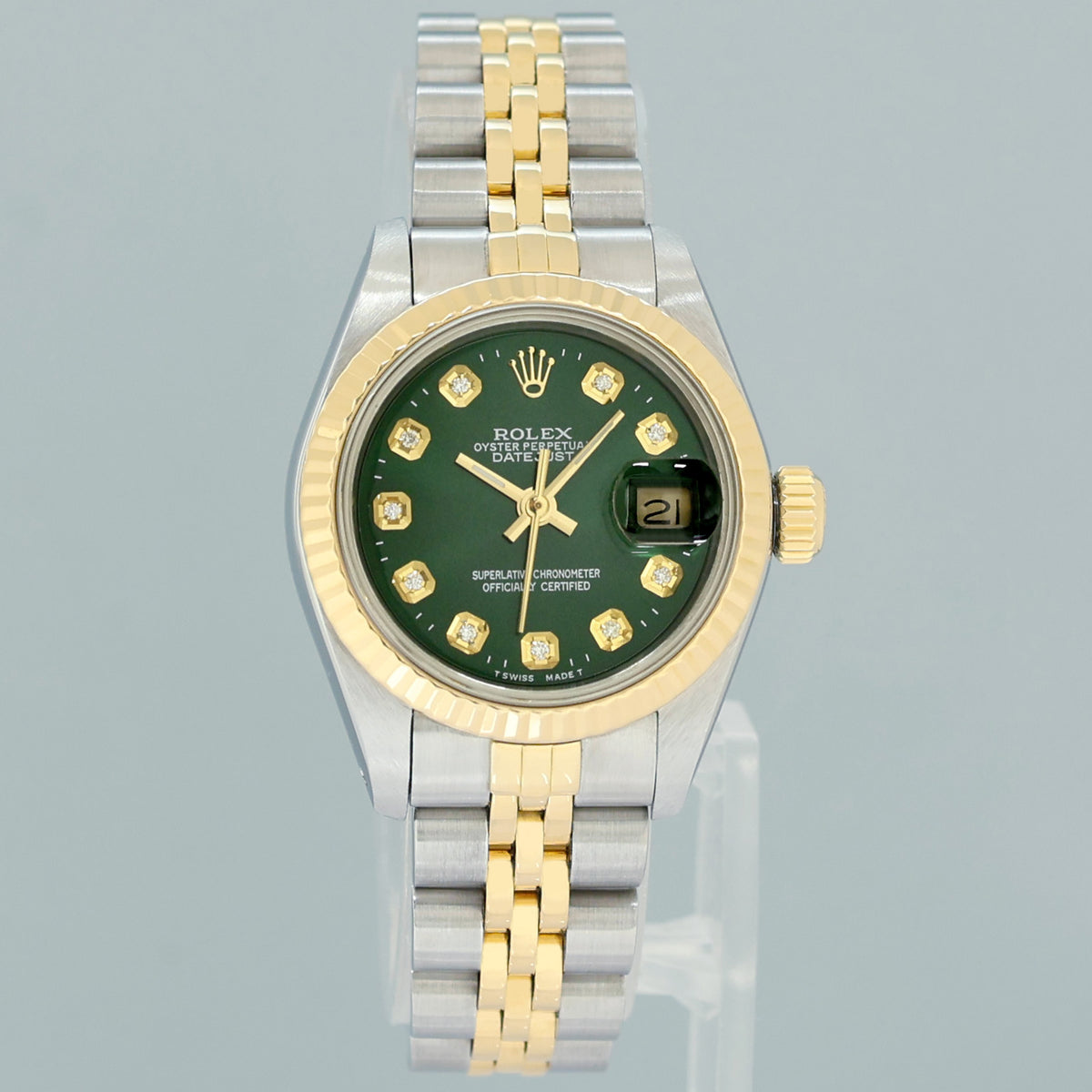 MINT GREEN DIAMOND Ladies Rolex DateJust 26mm Two Tone Gold Jubilee Watch