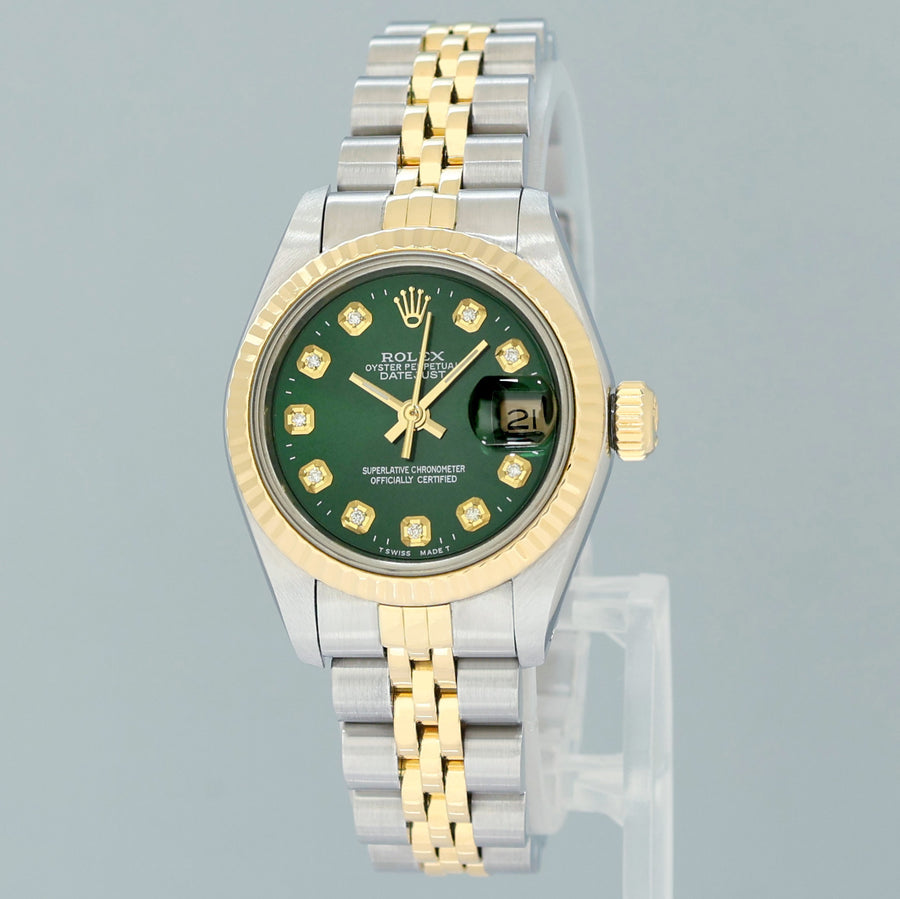 MINT GREEN DIAMOND Ladies Rolex DateJust 26mm Two Tone Gold Jubilee Watch
