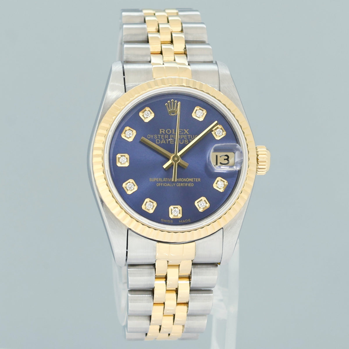 MINT Ladies Rolex 68273 Two Tone Yellow Gold Jubilee Fluted 31mm Blue Diamond Watch