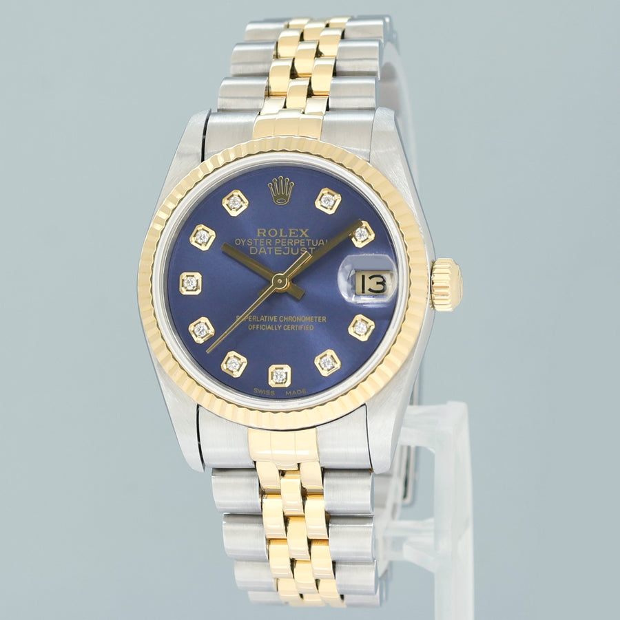 MINT Ladies Rolex 68273 Two Tone Yellow Gold Jubilee Fluted 31mm Blue Diamond Watch