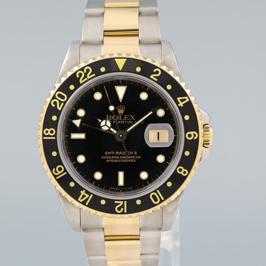 MINT Rolex GMT-Master II 16713 Black Two-Tone Yellow Gold and Steel Oyster Watch Box