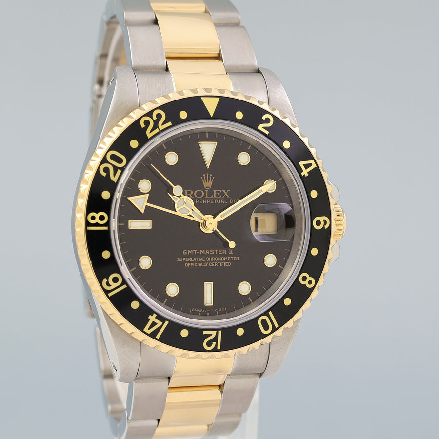MINT Rolex GMT-Master II 16713 Black Two-Tone Yellow Gold and Steel Oyster Watch Box