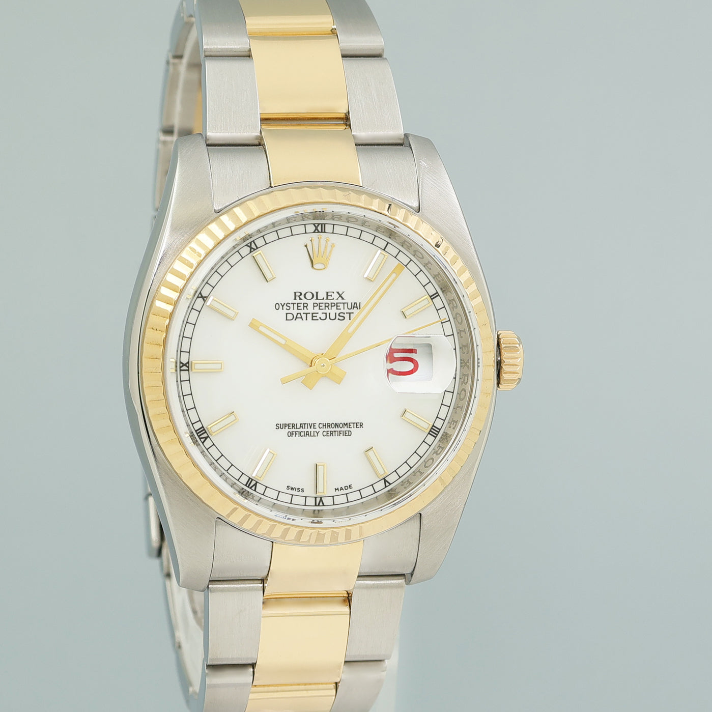 MINT Rolex DateJust Oyster Two Tone Yellow Gold Steel White Stick 36mm 116233 Watch