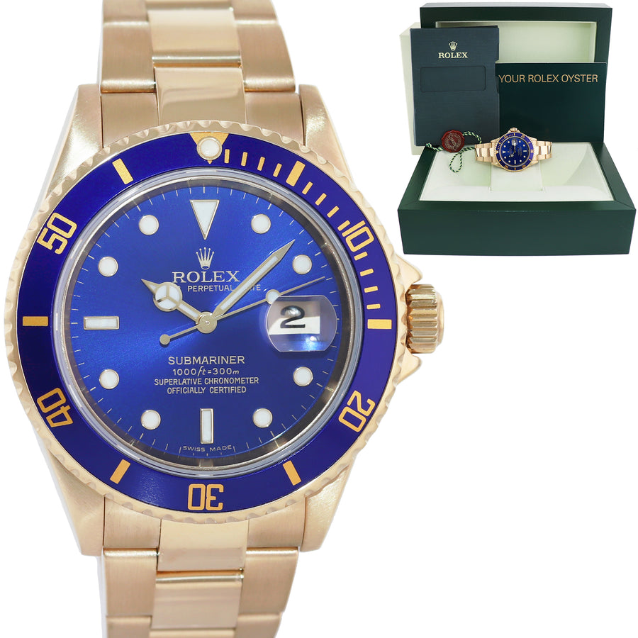 MINT 2005 Rolex 16618 Submariner Yellow Gold Sunburst Blue 40mm No Hole Case Watch