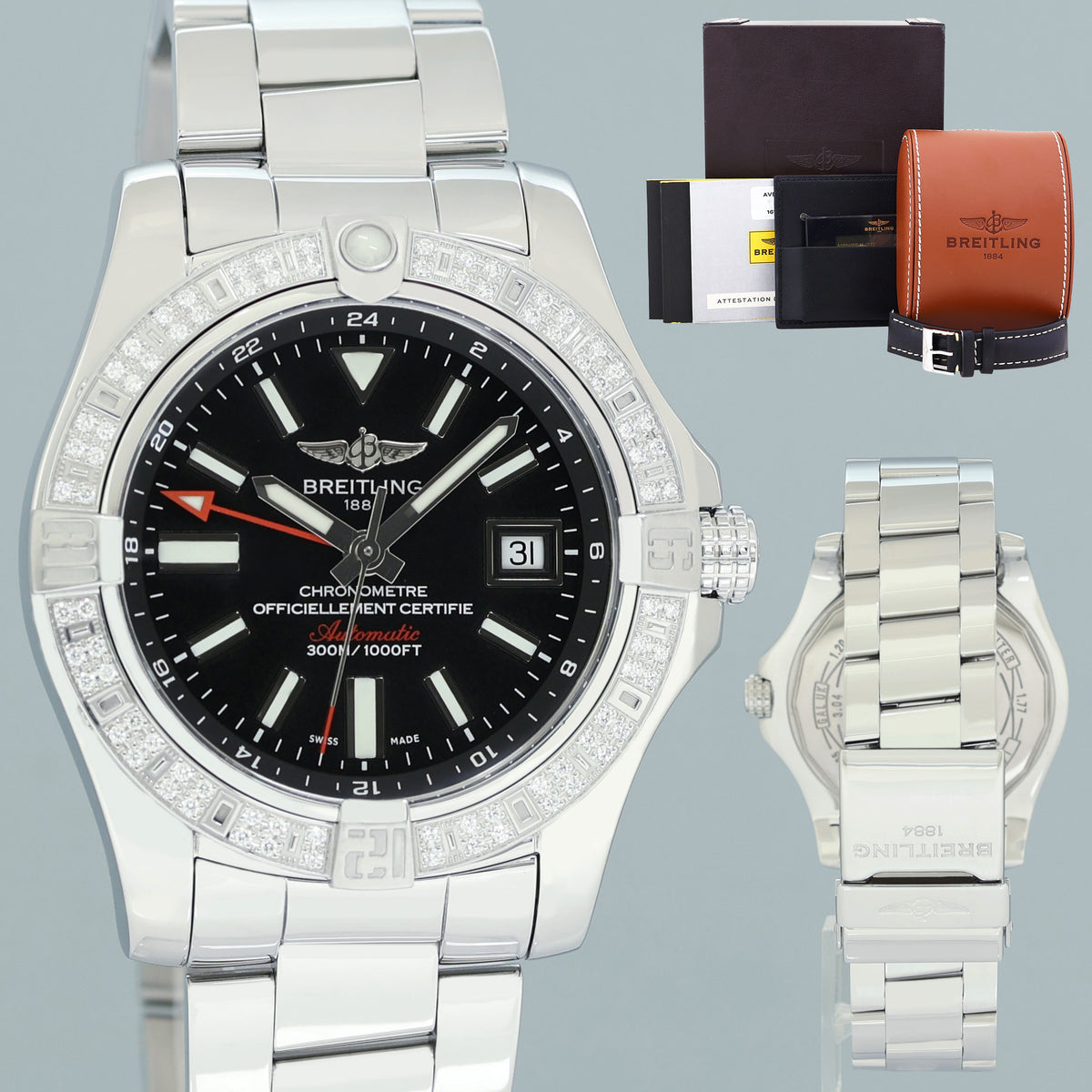 PAPERS MINT Breitling Avenger II GMT 43mm A3239053  Diamonds Black Dial Steel Watch