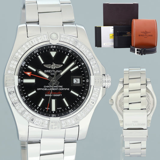 PAPERS MINT Breitling Avenger II GMT 43mm A3239053  Diamonds Black Dial Steel Watch
