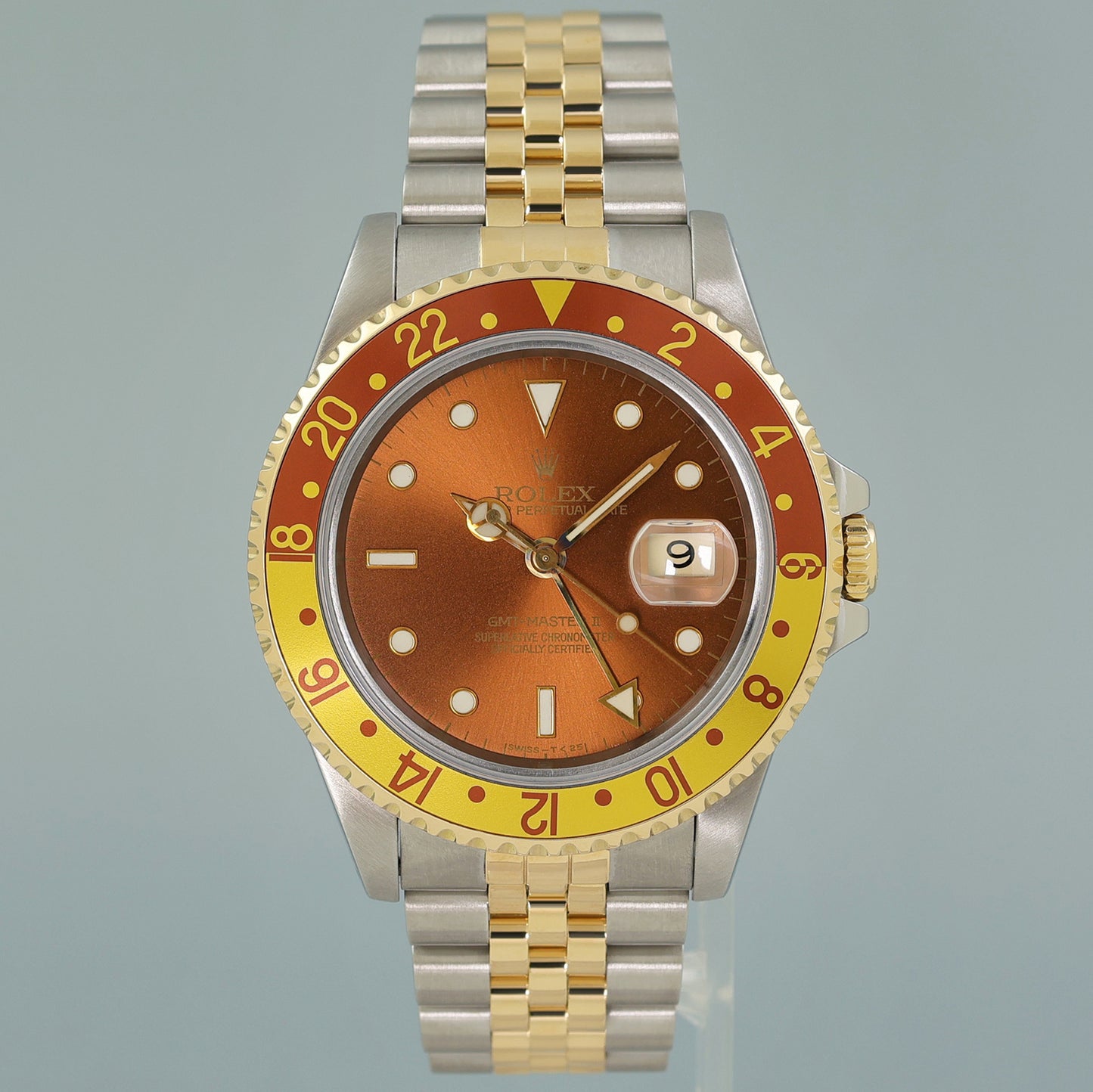 MINT Rolex GMT-Master II 16713 Two-Tone Yellow Gold and Steel Rootbeer Jubilee Watch