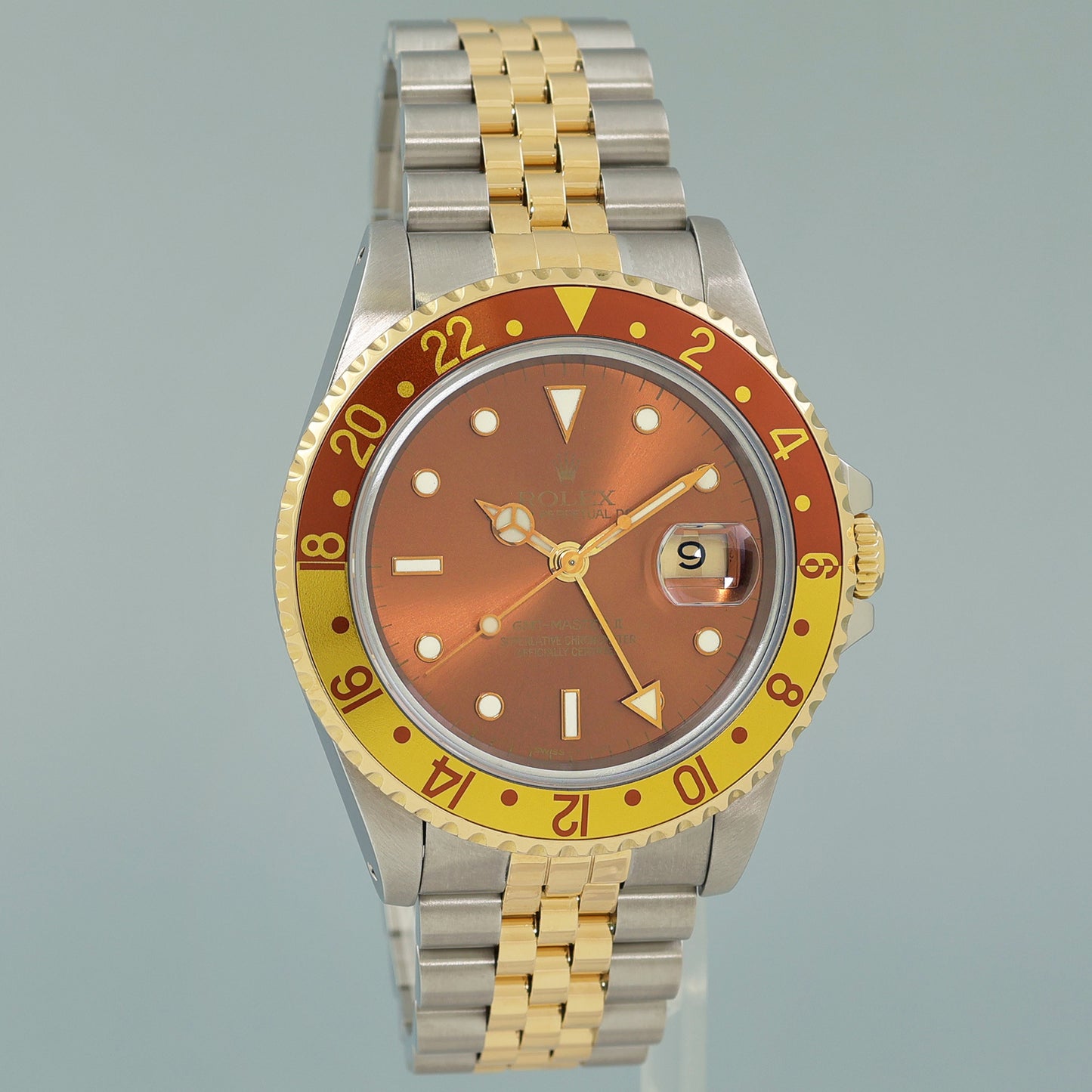 MINT Rolex GMT-Master II 16713 Two-Tone Yellow Gold and Steel Rootbeer Jubilee Watch