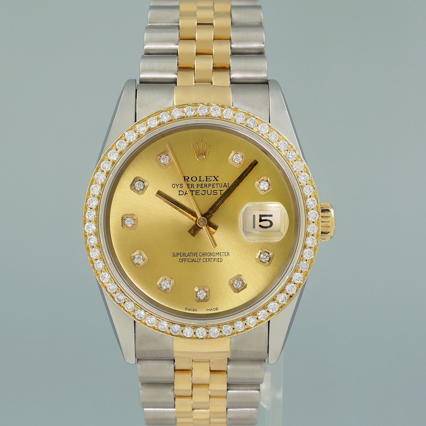 DIAMOND BEZEL Rolex DateJust 16233 Two-Tone Yellow Gold Champagne Jubilee Watch