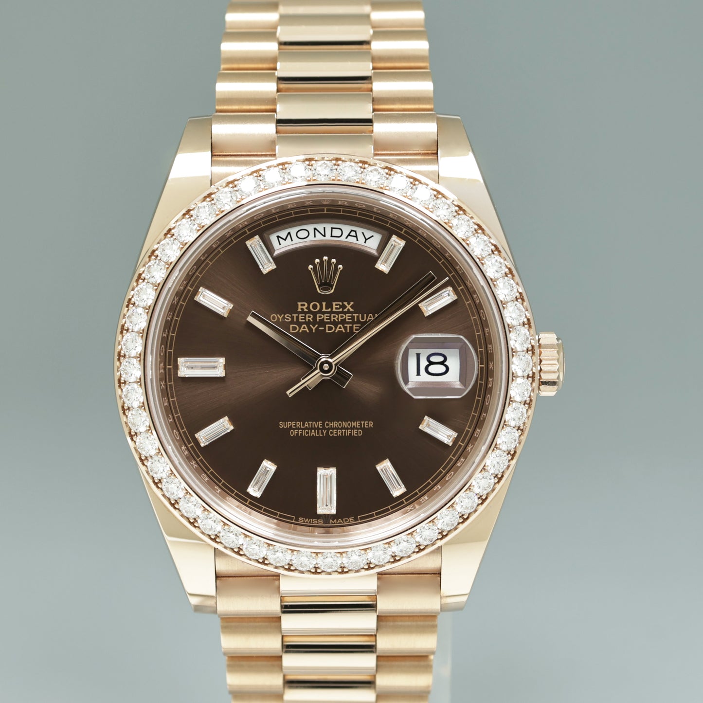 PAPERS NEW Rolex President Rose Gold Chocolate Diamond Bezel Baguette 228345 Watch