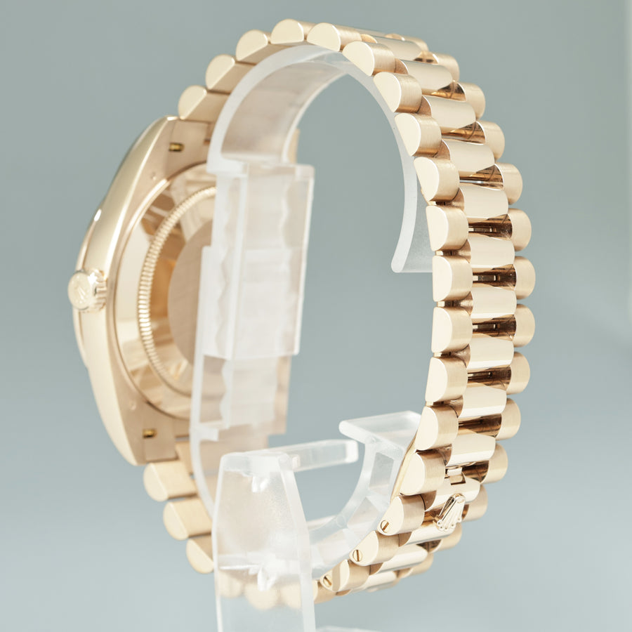 MINT PAPERS Rolex President 228345 RBR Rose Gold Chocolate Diamond Bezel Baguette Watch