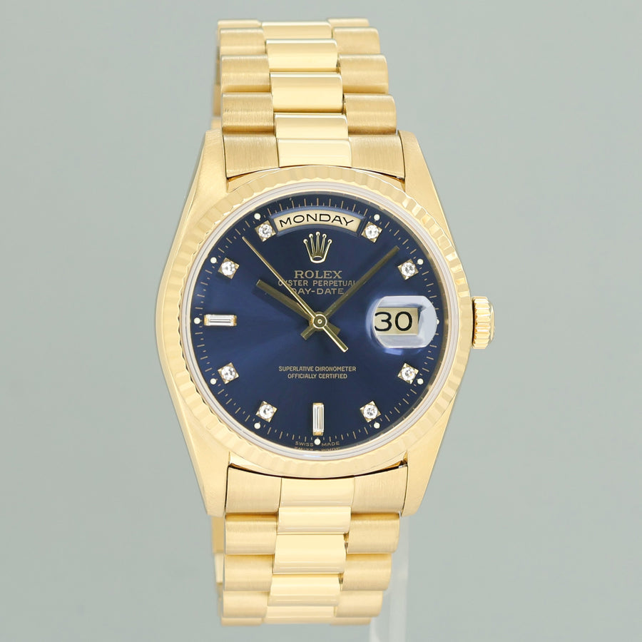 PAPERS MINT Rolex 18238 President Day Date Blue Diamond Double Quick Yellow Gold Watch