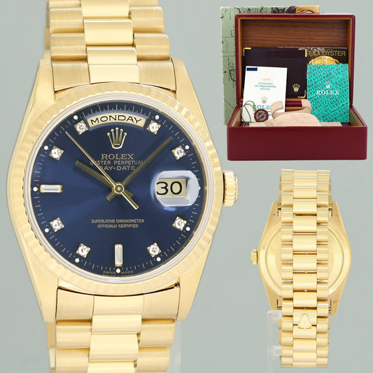 PAPERS MINT Rolex 18238 President Day Date Blue Diamond Double Quick Yellow Gold Watch