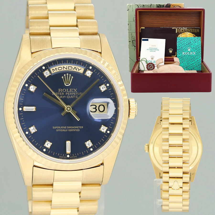 PAPERS MINT Rolex 18238 President Day Date Blue Diamond Double Quick Yellow Gold Watch