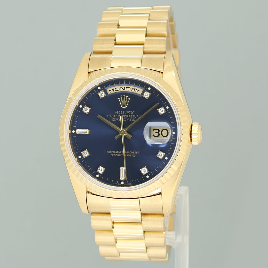PAPERS MINT Rolex 18238 President Day Date Blue Diamond Double Quick Yellow Gold Watch