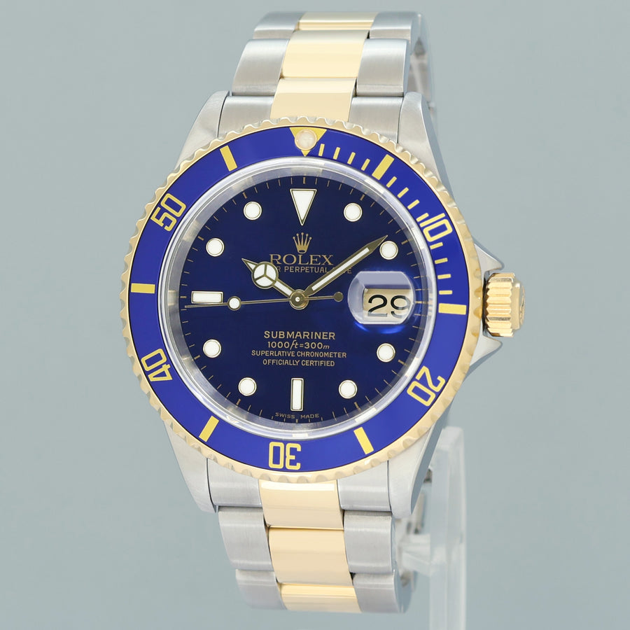 PAPERS 2025 RSC Rolex 16613LB Submariner Gold Steel Two Tone Gold Sunburst Blue Watch