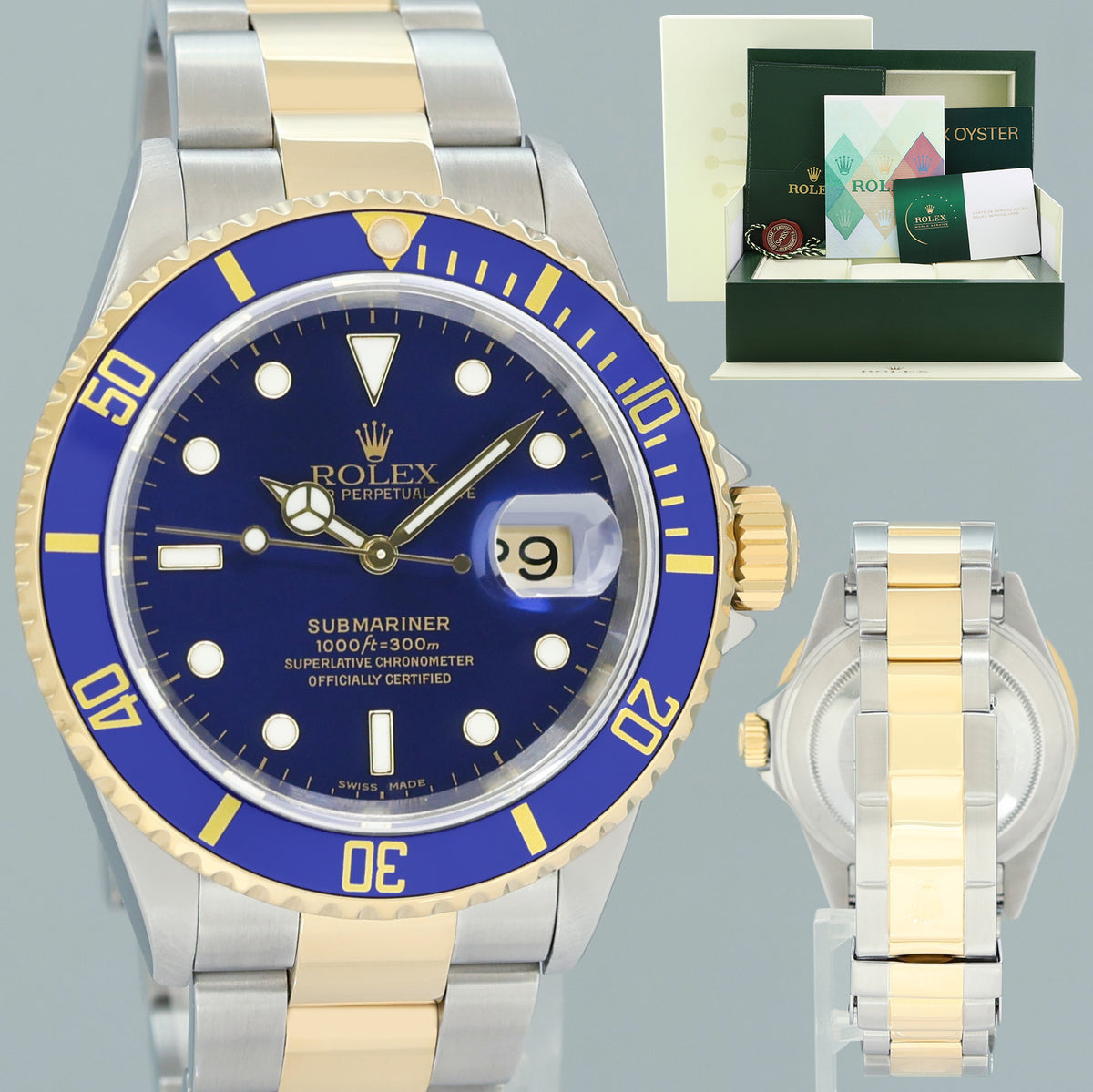PAPERS 2025 RSC Rolex 16613LB Submariner Gold Steel Two Tone Gold Sunburst Blue Watch