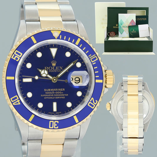 PAPERS 2025 RSC Rolex 16613LB Submariner Gold Steel Two Tone Gold Sunburst Blue Watch