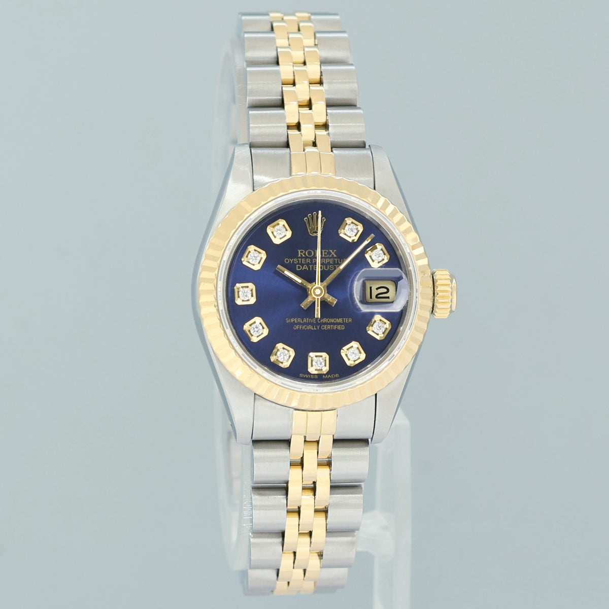 PAPERS MINT Rolex DateJust 69173 Blue Vignette Two Tone Gold 26mm Jubilee Watch