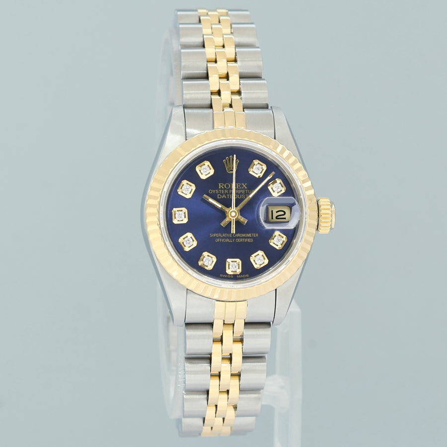 PAPERS MINT Rolex DateJust 69173 Blue Vignette Two Tone Gold 26mm Jubilee Watch
