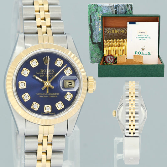 PAPERS MINT Rolex DateJust 69173 Blue Vignette Two Tone Gold 26mm Jubilee Watch