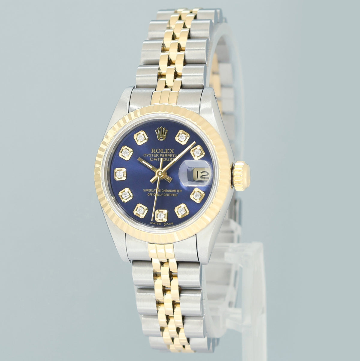 PAPERS MINT Rolex DateJust 69173 Blue Vignette Two Tone Gold 26mm Jubilee Watch