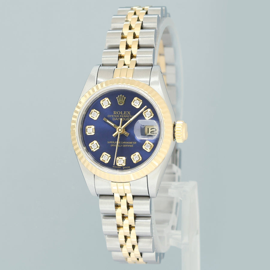 PAPERS MINT Rolex DateJust 69173 Blue Vignette Two Tone Gold 26mm Jubilee Watch