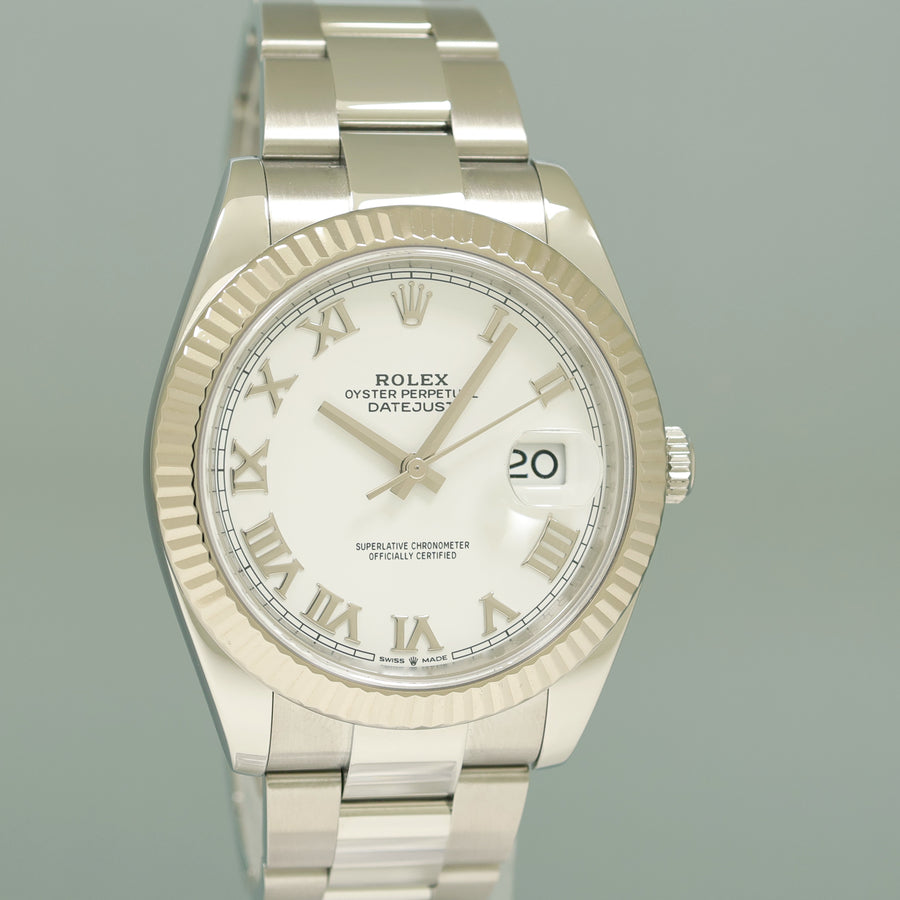 PAPERS MINT Rolex DateJust 126334 White Roman Oyster White Gold Fluted 41mm Watch