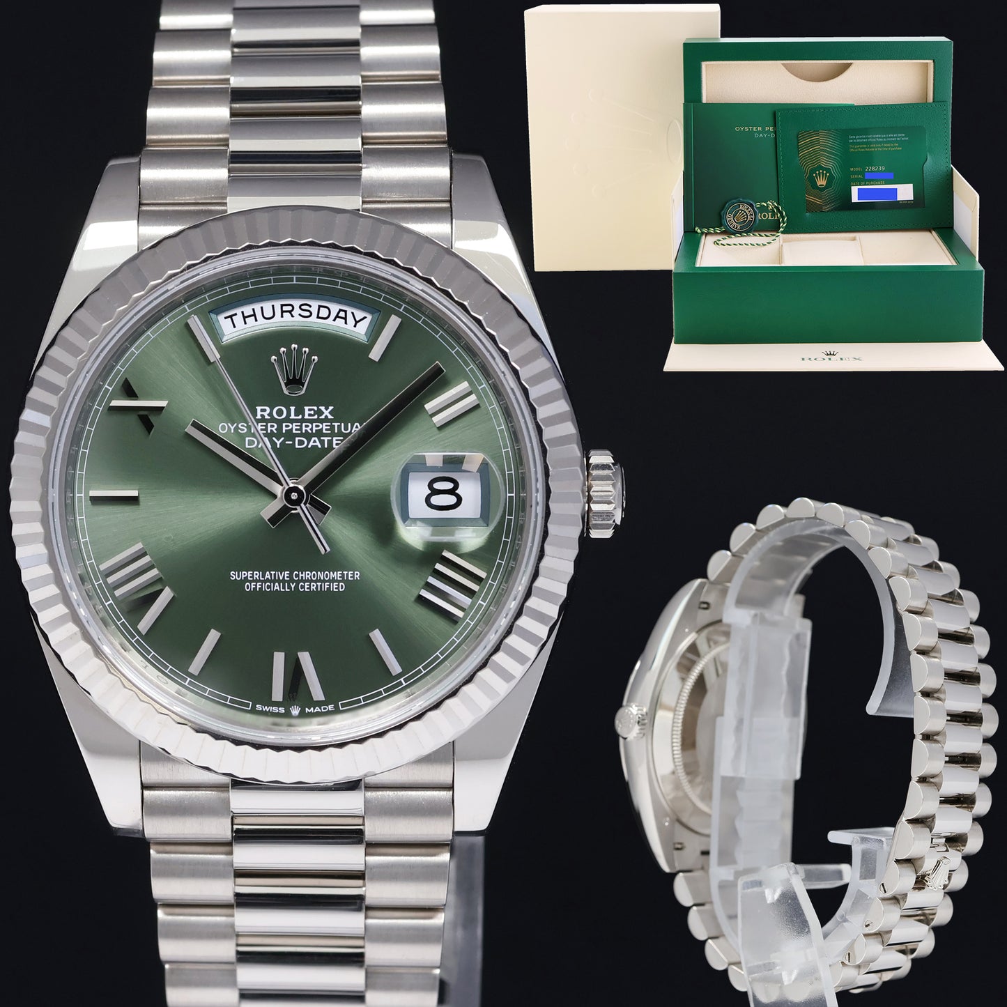 2021 MINT Papers Rolex Day Date 40 White Gold President GREEN OLIVE 228239 Watch