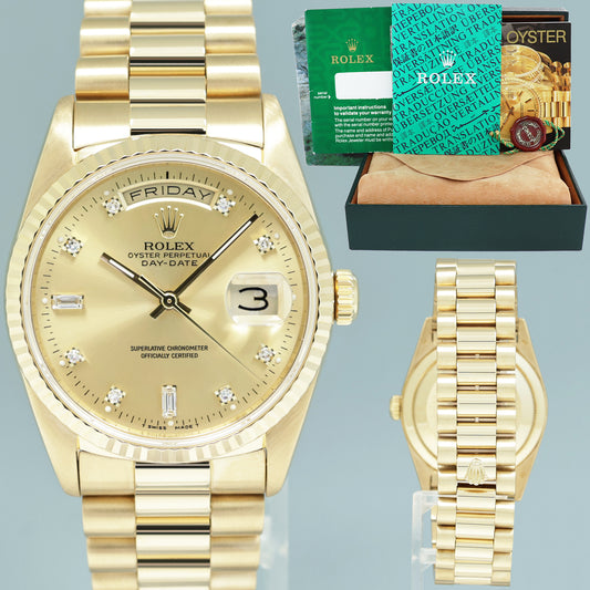 MINT Rolex President Day Date 36mm Champagne Diamond 18238 Double Quick Set Yellow Gold Watch