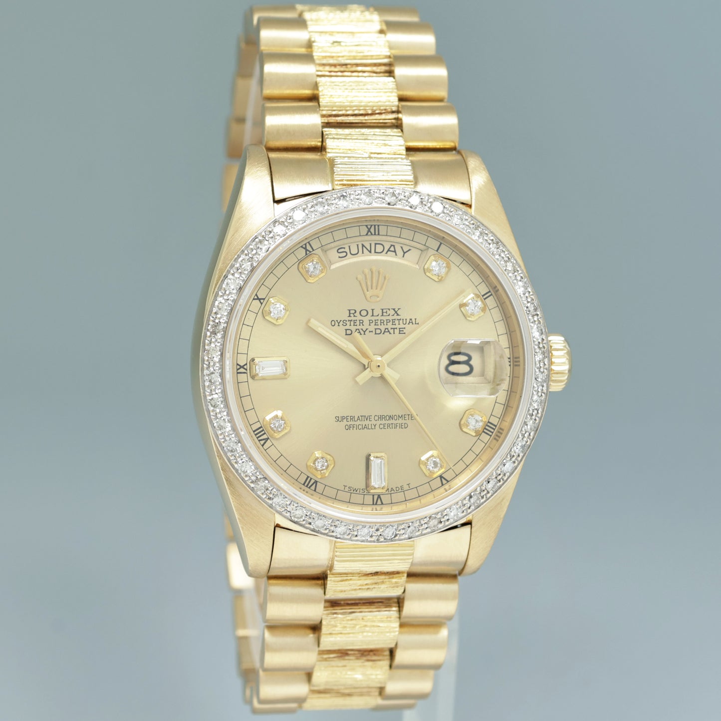 Rolex Day-Date President 18078 Bark Champagne Diamond Yellow Gold Quick Set Watch