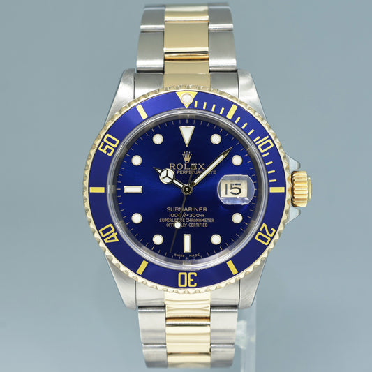 1999 PAPERS MINT Rolex Submariner 16613 LB Gold Steel Two Tone Yellow Gold Sunburst Blue Watch Box