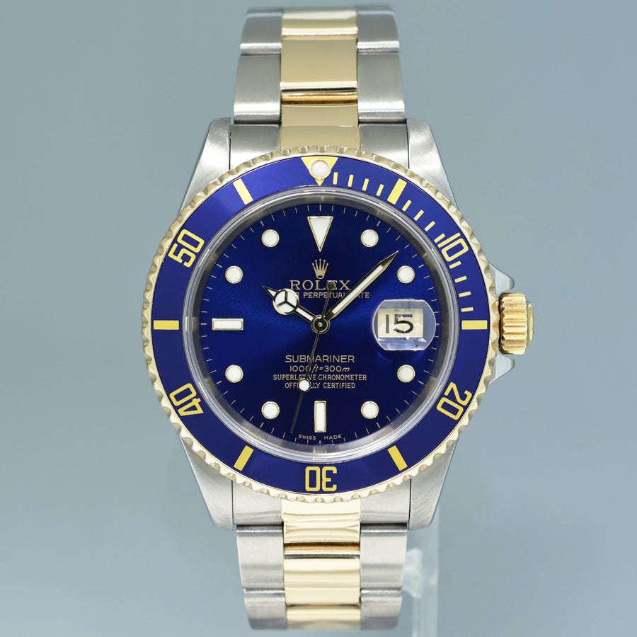 16613 Rolex 1999 Submariner Gold Steel Two Tone Yellow Gold Sunburst Blue Watch Box