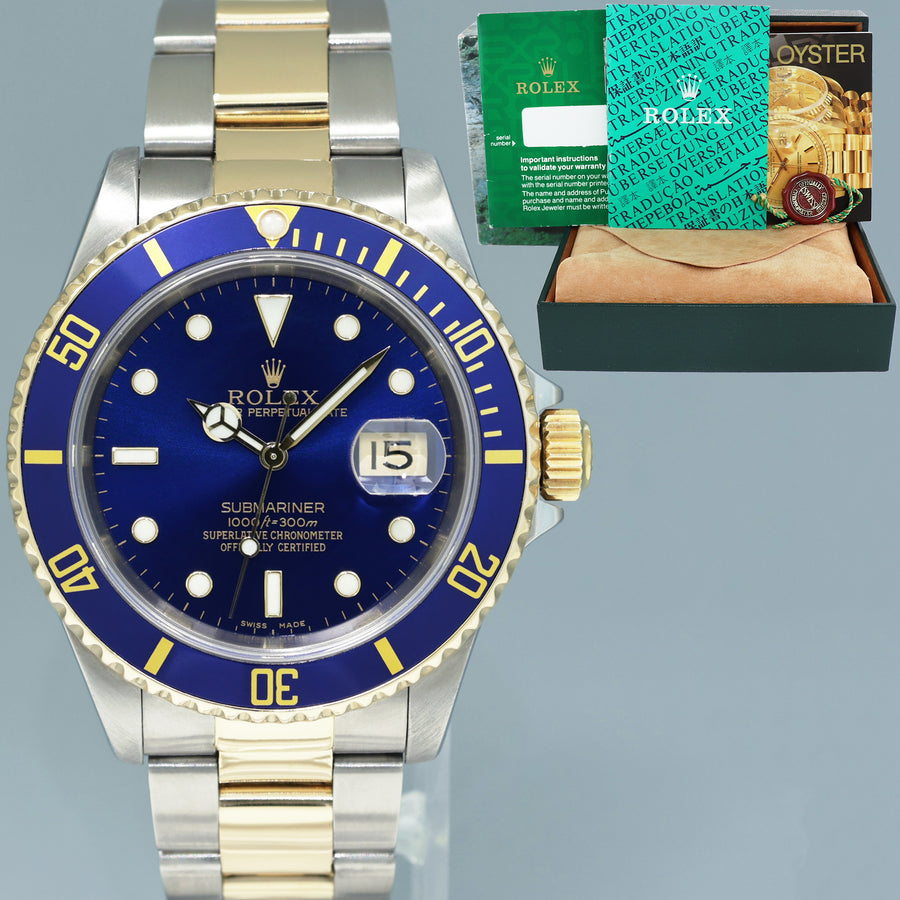16613 Rolex 1999 Submariner Gold Steel Two Tone Yellow Gold Sunburst Blue Watch Box