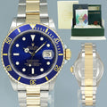 MINT 2001 PAPERS Rolex Submariner 16613 Gold Steel Two Tone Gold Sunburst Blue Watch