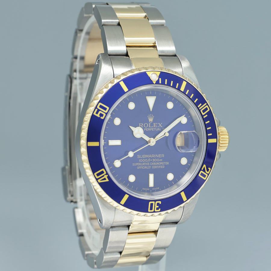MINT 2001 PAPERS Rolex Submariner 16613 Gold Steel Two Tone Gold Sunburst Blue Watch