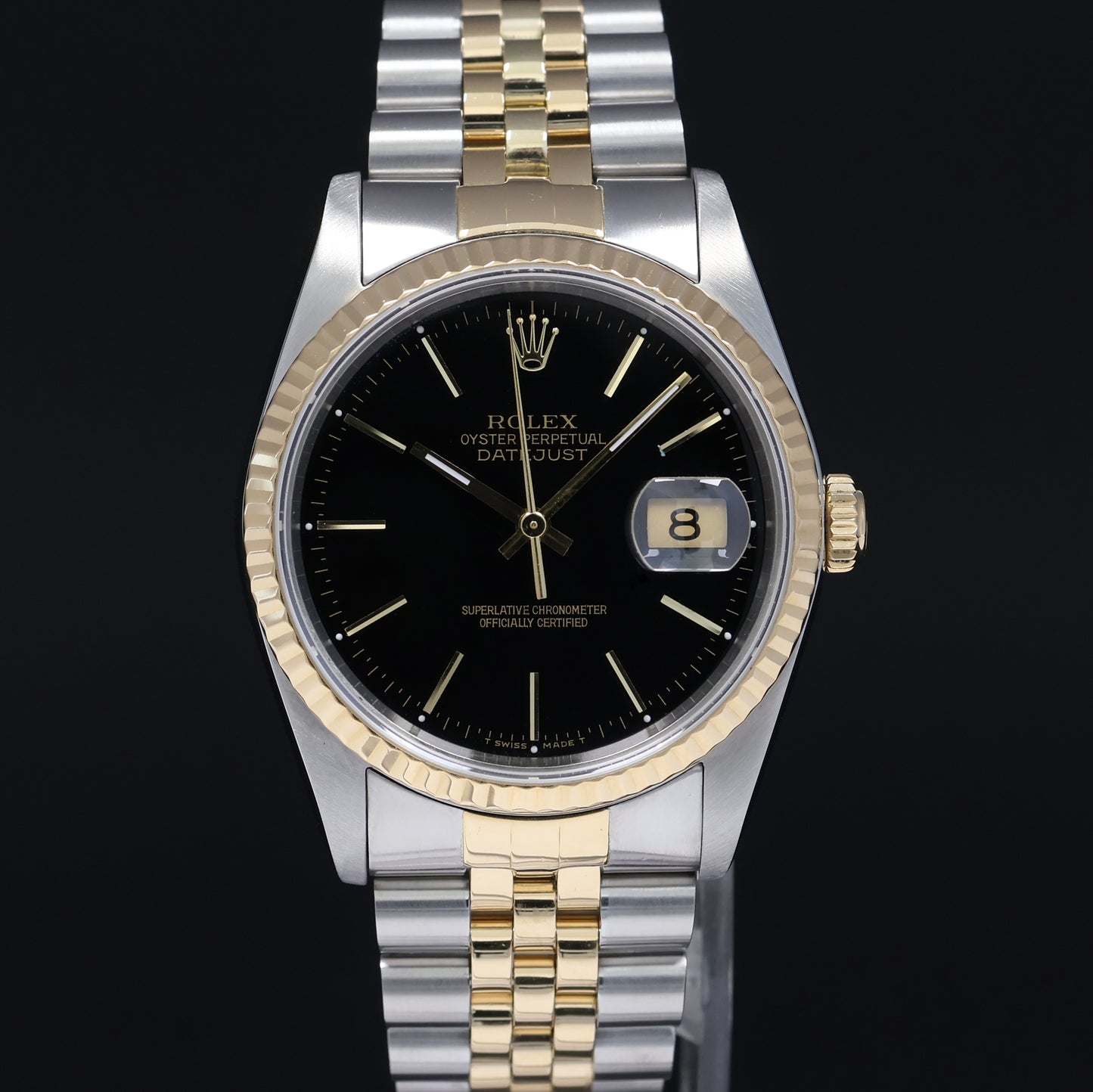 MINT Rolex DateJust 16233 Two Tone Yellow Gold Jubilee Black Stick Watch Box