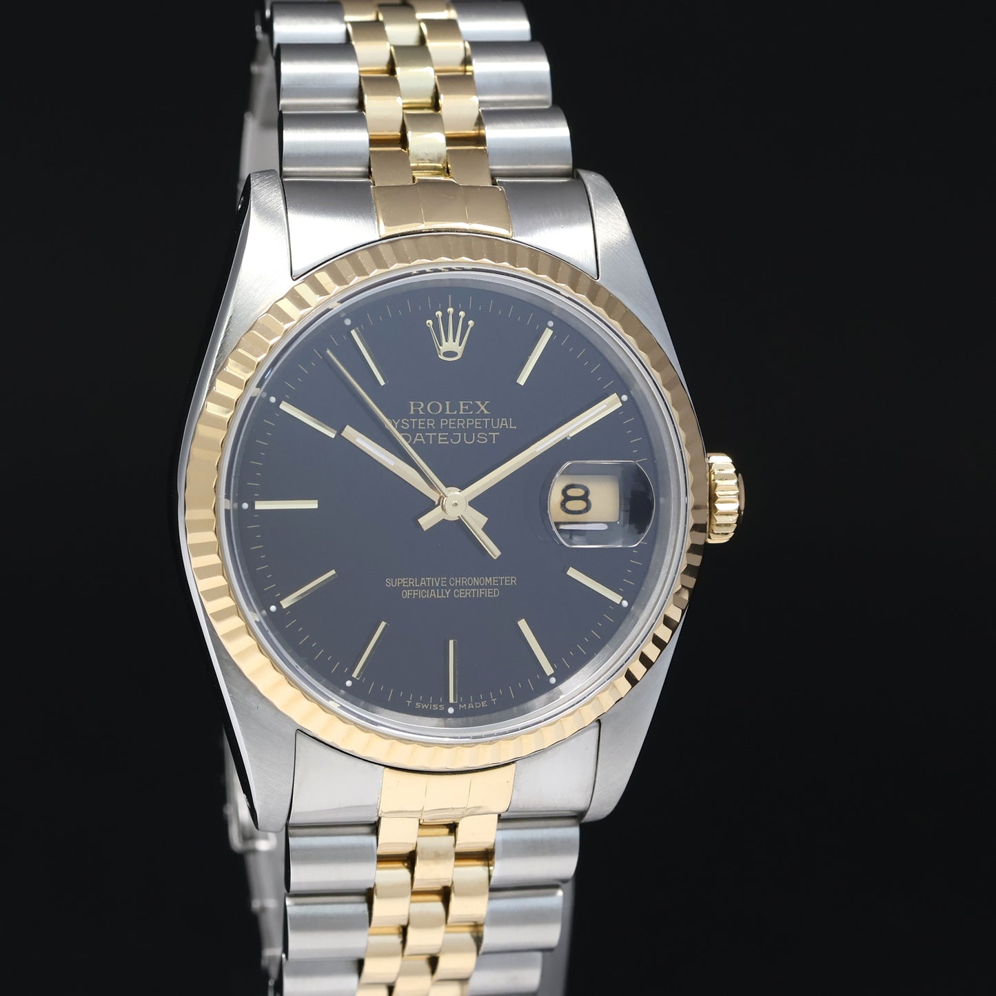 MINT Rolex DateJust 16233 Two Tone Yellow Gold Jubilee Black Stick Watch Box