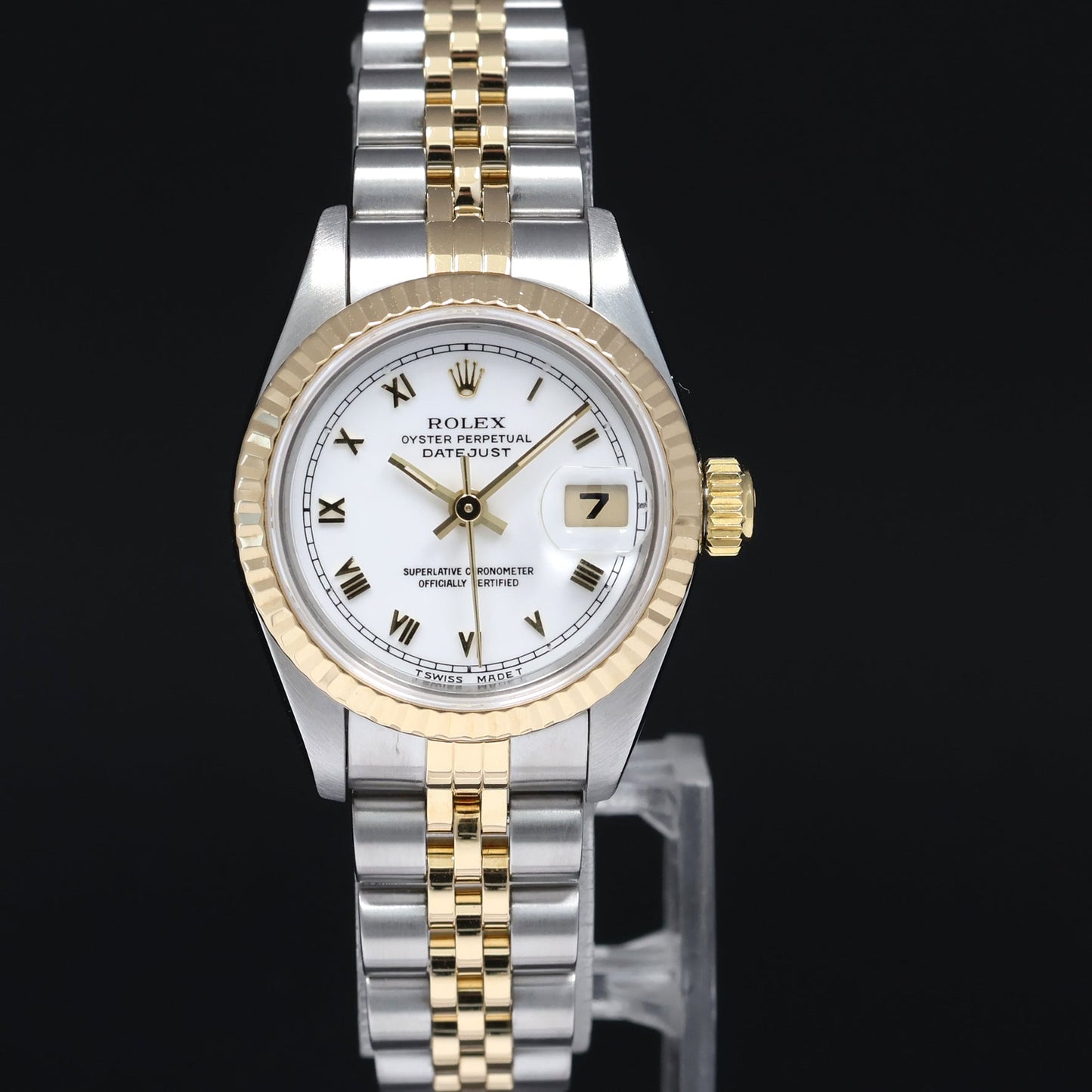 MINT Ladies Rolex 26mm 69173 DateJust White Roman Two Tone Yellow Gold Jubilee Watch